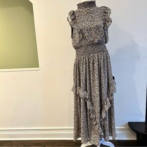 Evalina black floral print mock neck midi dress